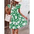 thumbnail image 4 of Green Floral Print Notched Neck Ruffle Trim Smock Dress, 4 of 8