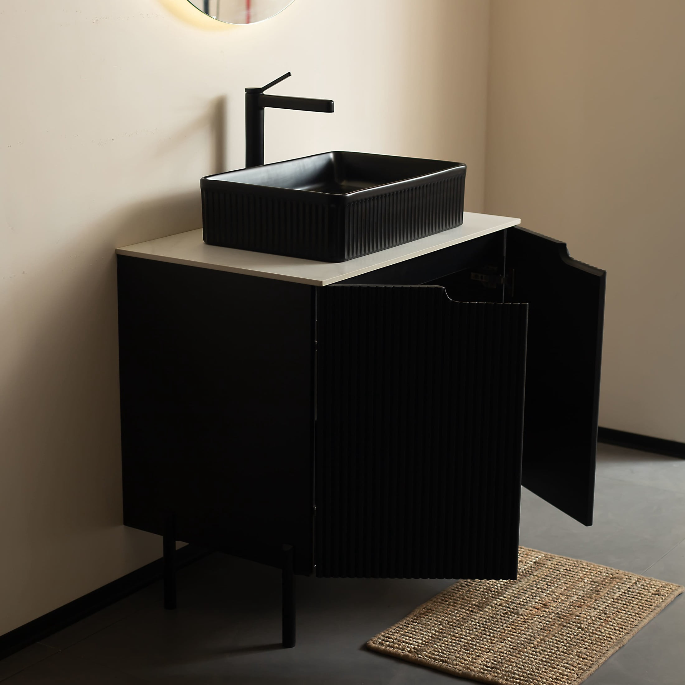 Noble House TURIO 30" Bathroom Vanity with Sintered Stone Countertop, Storage Cabinet, Black Rectangle Basin, Black