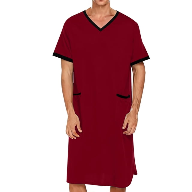 Daiosportswear Men'S Short-Sleeved V-Neck Extra-Long Pajama Robe with Loose-Fitting Pockets, Featuring Two Bottom Pockets. Red-B S(S)