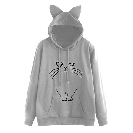 Pull femme mignonne capuche impression de chat cordon poche manches ...