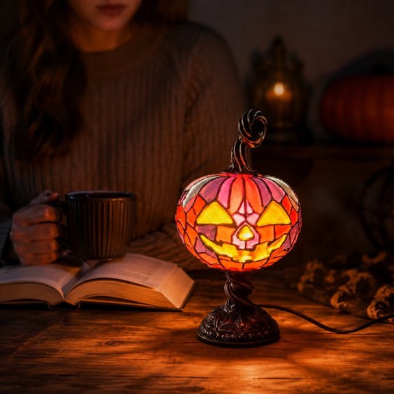 Halloween Pumpkin Lamp, Stained Glass Pumpkin Lamp, Stained Glass Pumpkin Lantern Lamp, Vintage Style Night Light, USB Powered, Desktop Decorative Ornament, 8.66 inch