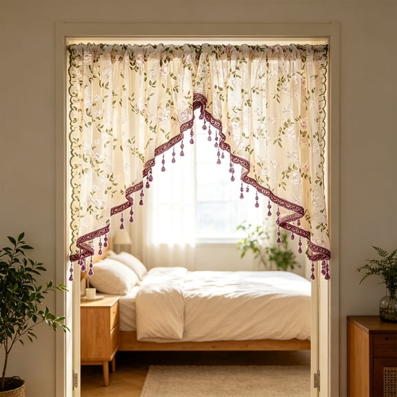 Flower Lace Embroidery Sheer Triangular Curtain No Punching Short Window Valance for Kitchen Bedroom Partition Doorway Light Filtering Privacy Decor