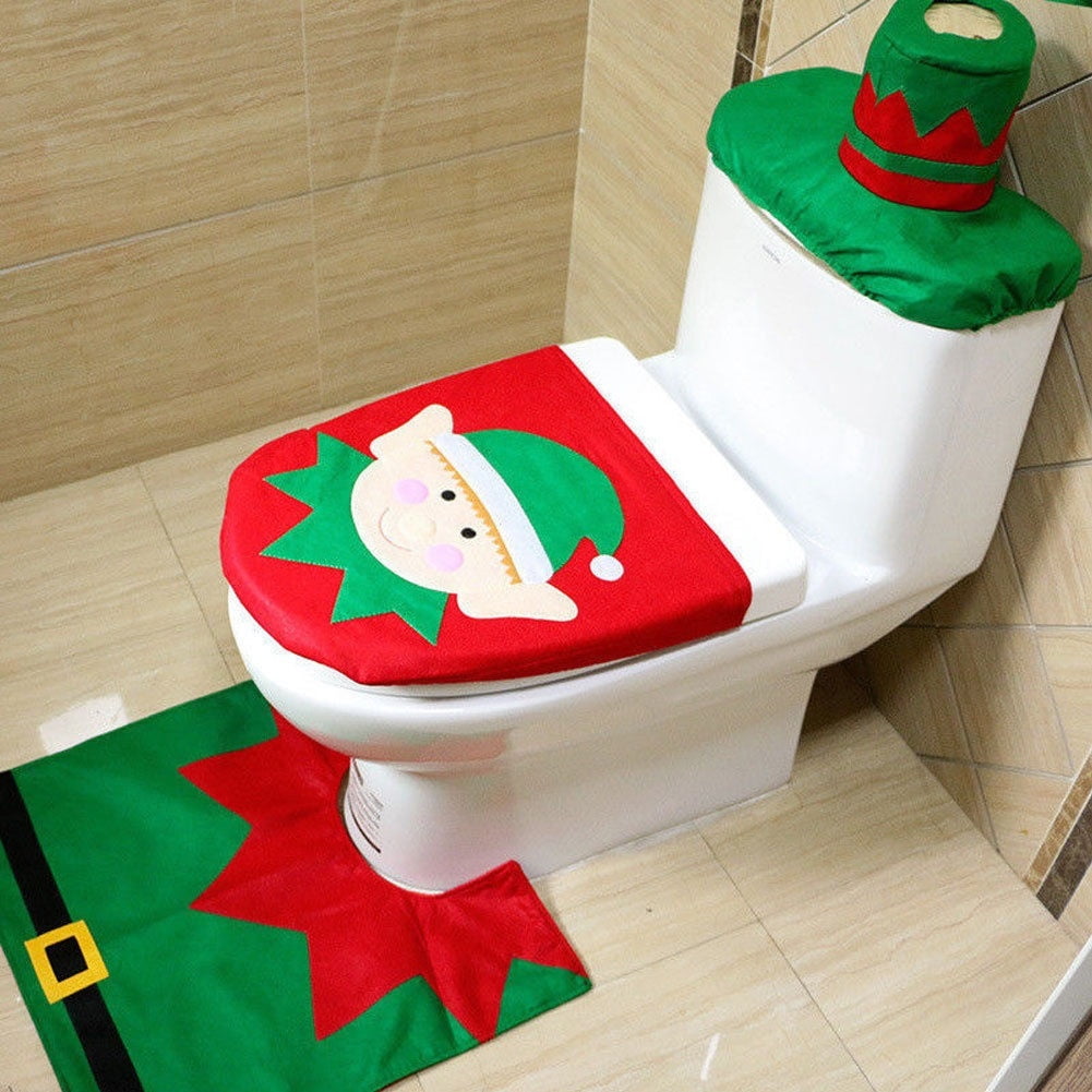 3pc//Set Christmas Mat+Lid Cover Bathroom Warmer Toilet Closestool Seat Cover Pad