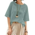 thumbnail image 2 of Htigea Cotton Linen Shirts for Women 2025 Summer Short Sleeve V Neck Button Down Tops Dressy Casual Oversized Tshirts Light Blue,M, 2 of 6