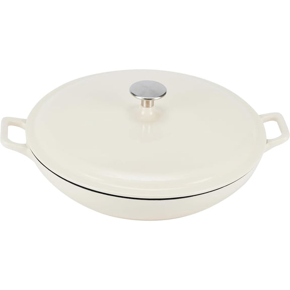 Enameled Cast Iron - Covered Round Casserole Skillet with Lid, Oven Safe - 500°F, Even Heat Distribution, 3.3-Quart, White