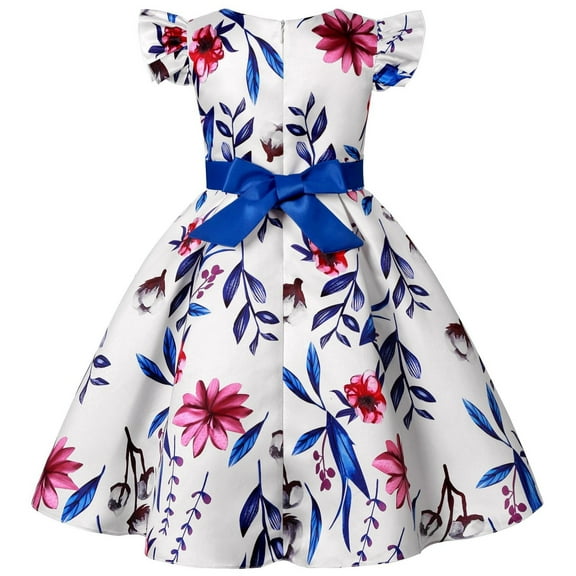 Aayomet Dresses For Little Girls Girl's Floral Lace Panel Long Mesh Sleeve Round Neck Keyhole Back Formal Flared A Line Short Dress,Blue 3-4 Years