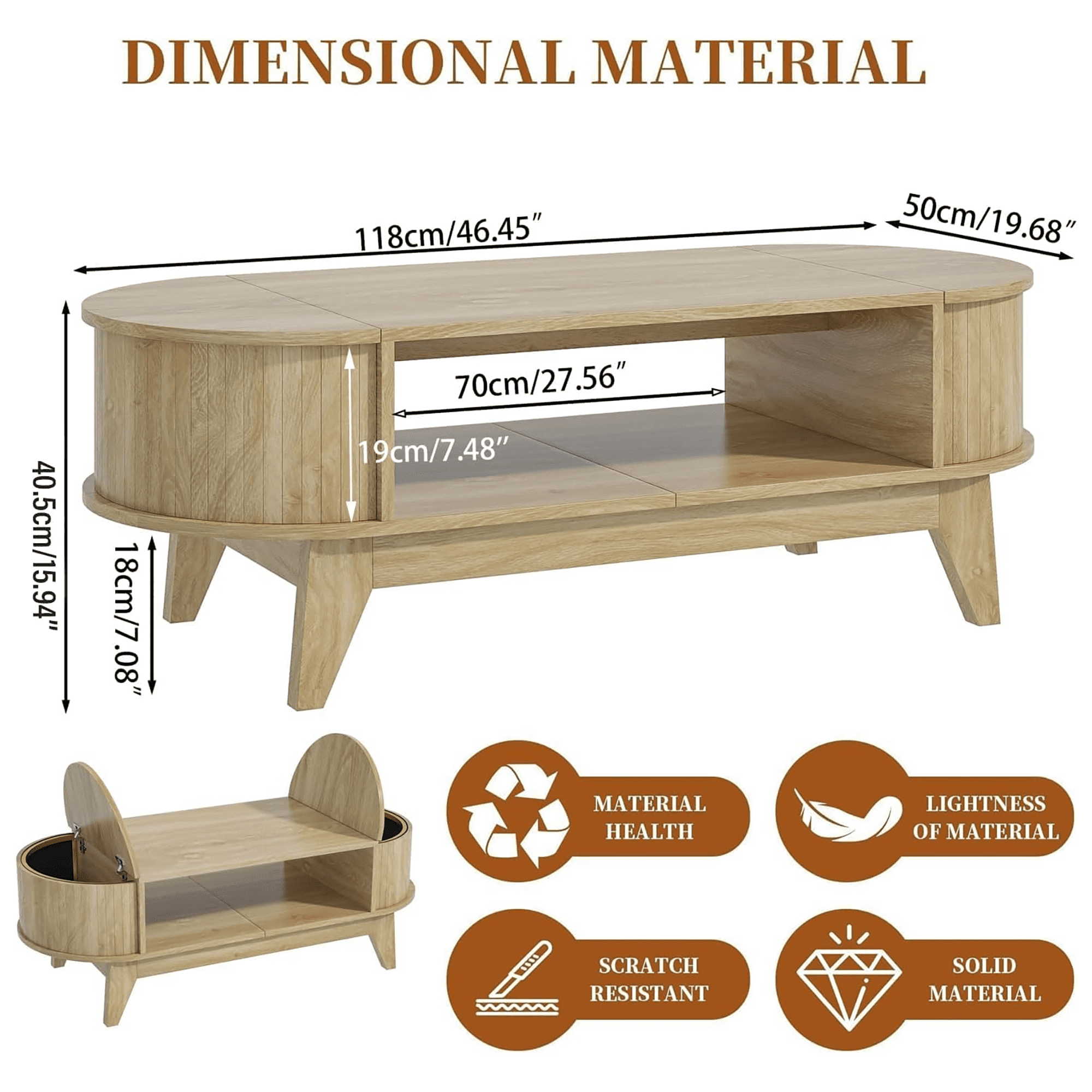 Fluted Coffee Table with Storage, Modern Coffee Tables, Wood Accent Center Table, Natural