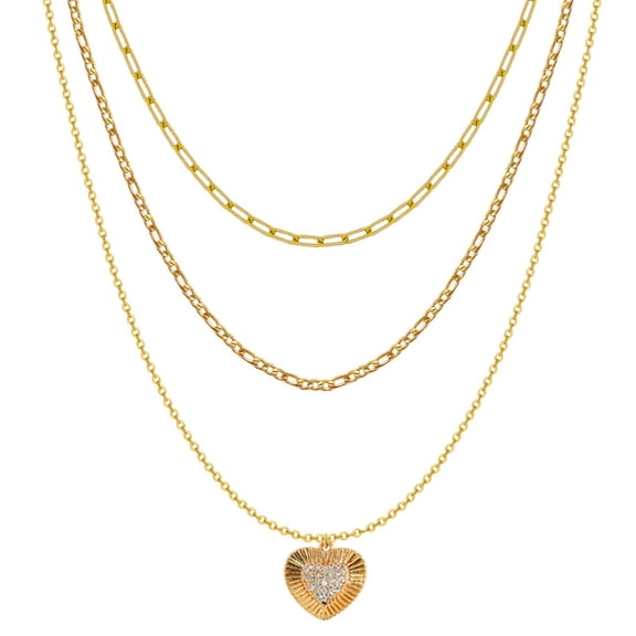 LuLiaMenton Goldtone Triple Layered Necklace, CZ Heart Pendant Stacked Chain