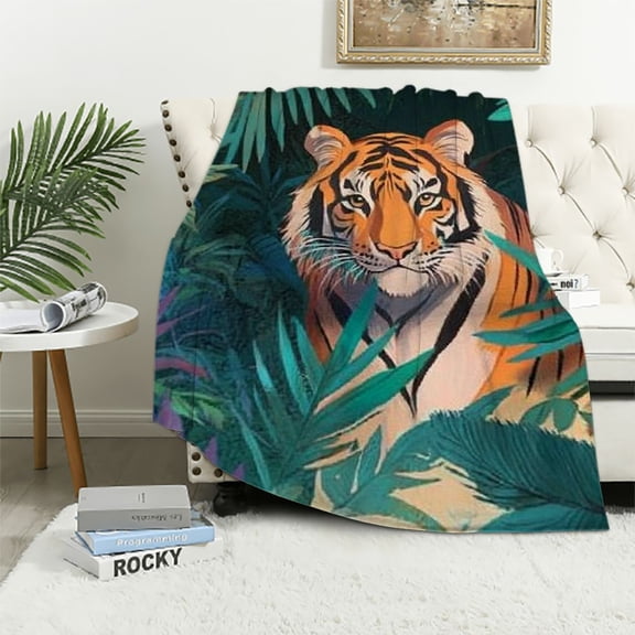 BCIIG Tiger Blanket ,African Safair Animal Throw Blanket Wildlife Nature Blanket for Kids Boys Adult Palm Tree Leaves Luxury Soft Fuzzy Blanket for Home Room Decor 40x50in