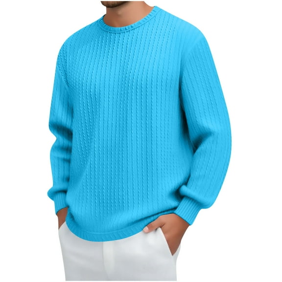 KeShDi Flannel Shirt for Men Crewneck Sweatshirt Men's Vintage Casual Solid Color Round Neck Fashion Long Sleeve T-shirt Sky Blue L