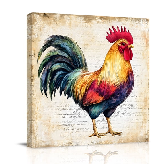 Rooster Canvas Wall Art for Living Room, Retro Chicken Farm Animal Rustic Country Poster Print Painting for Bedroom Office Home Decoration Wall Pictures Prepare To Hang 16"x16"