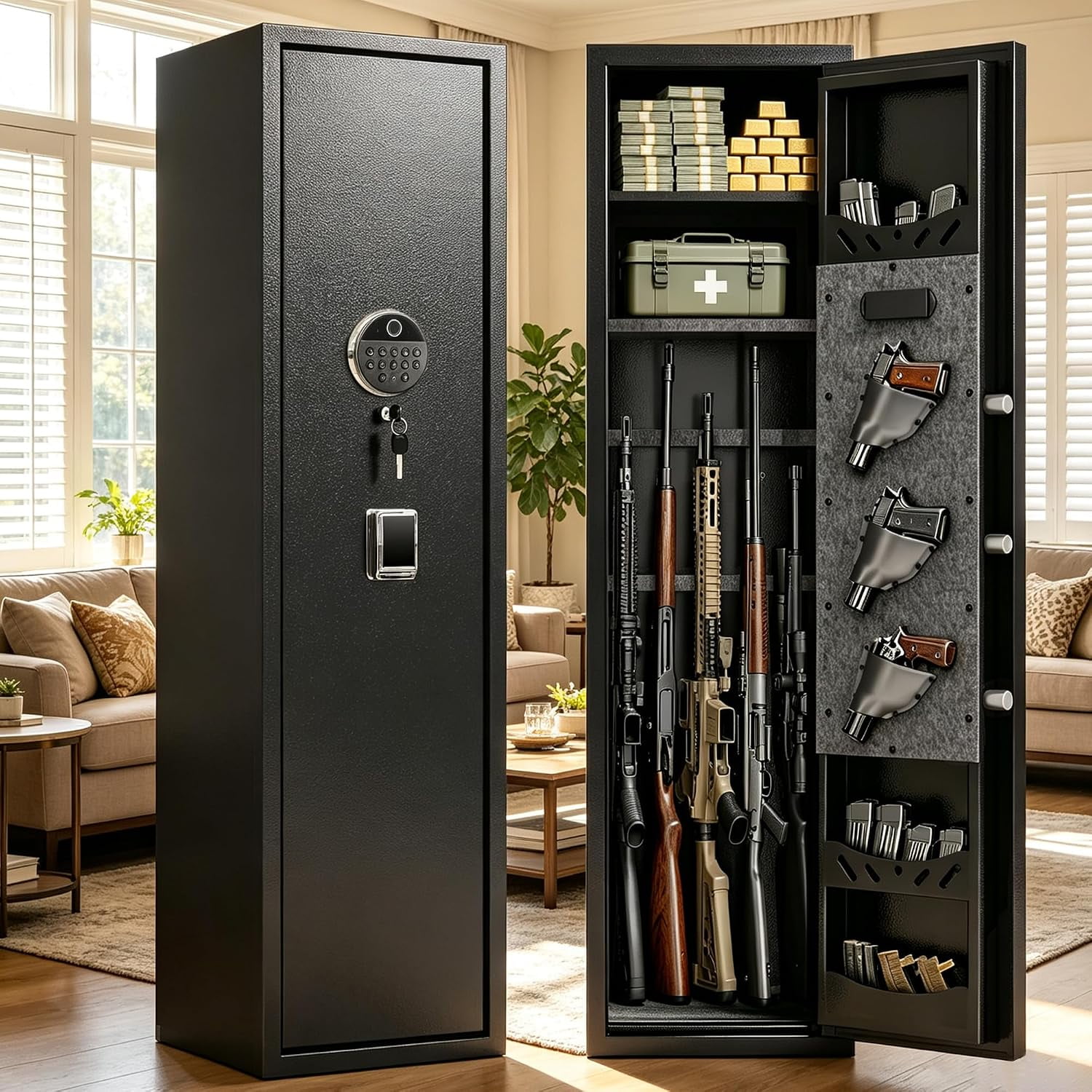 [No Assembly Required] Gun Safe for Rifles and Pistols, with Biometric Quick Access Gun Locker, Shotgun Safe, Large Gun Cabinet and Password Lock, 57" H for Home & Hunting for Enthusiasts