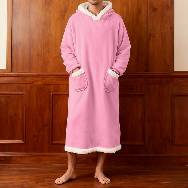 Batas de hombre de forro polar sólido informal con capucha y bolsillo, jersey de manga larga, bata de baño, bata de noche, pijama de poliéster para hombre