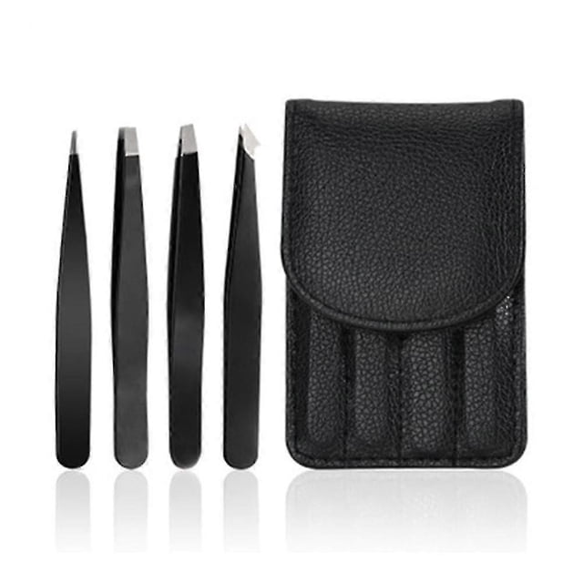 Juego de pinzas profesionales de acero inoxidable, la mejor precisión para cejas, color negro, cuatro piezas.