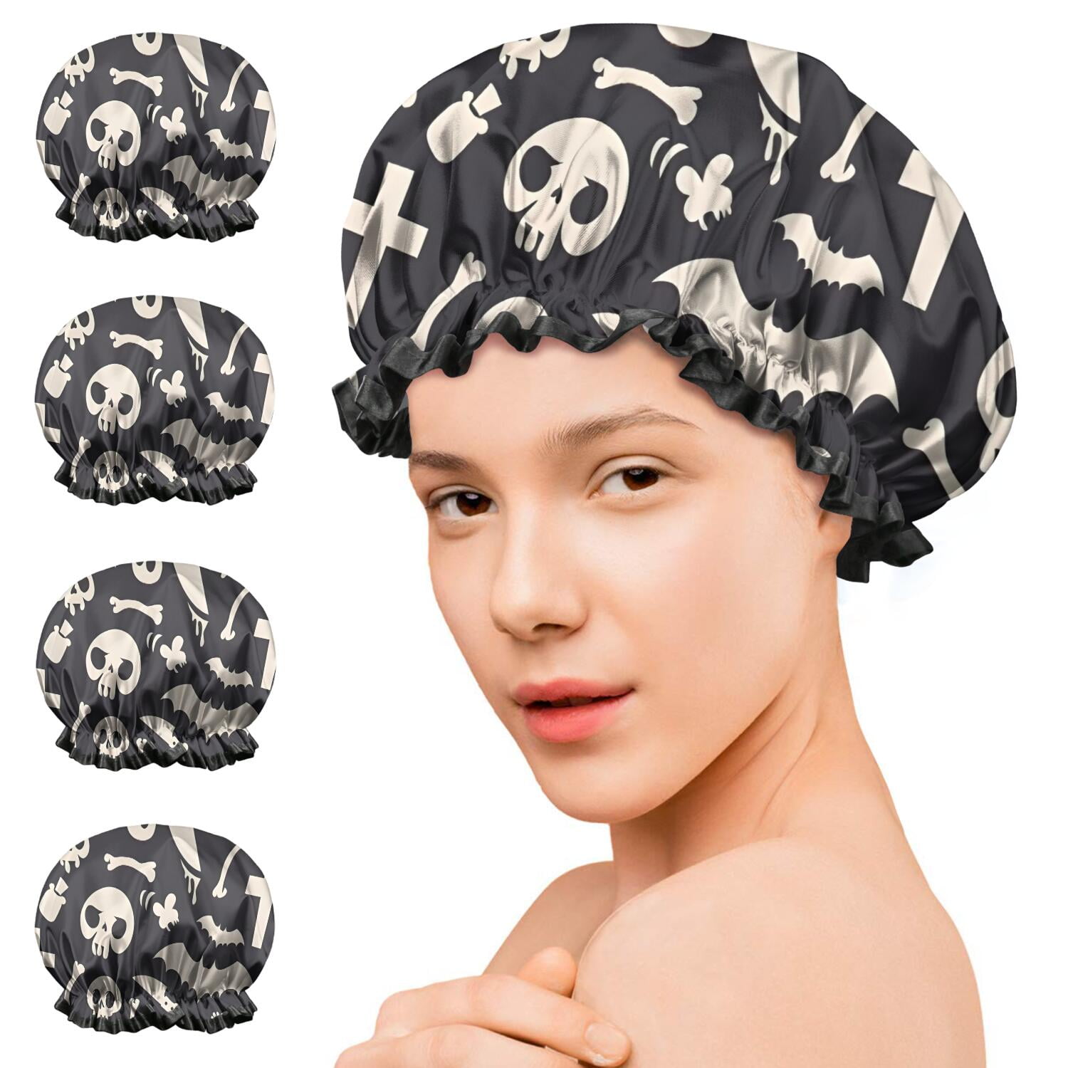 Shower Caps,Spooky Halloween Icons Pattern Waterproof Shower Cap for Women 4 Pieces,Double Reusable Hair Cover for Shower PEVA Elastic Stretch Hem