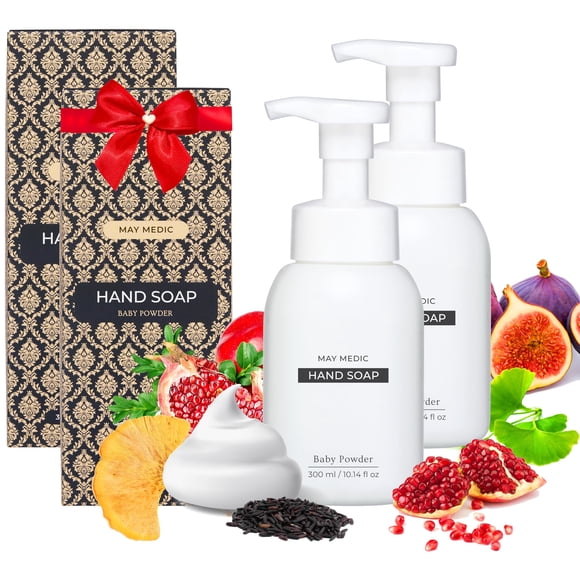 MAY MEDIC Polvo para bebé Jabón de manos espumoso con doble aroma Espuma hidratante con extracto de higo y granada Lavado vegano para baño y cocina 10.14 fl oz (2)