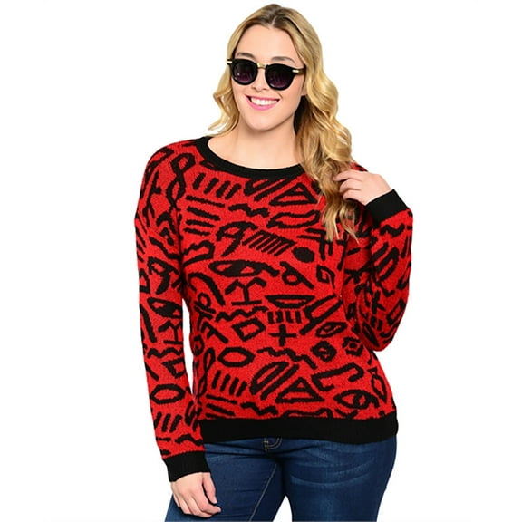 On Trend For Less Women'S  Red/Black Hieroglyphic Sweater 2Xl