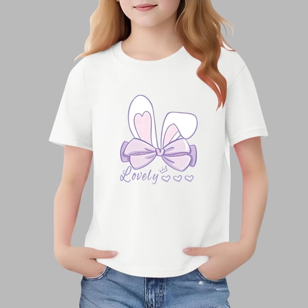 Blusas y camisas de manga corta con cuello redondo para niños Camiseta de verano de manga corta estampada para niñas Jersey elegante de cuello redondo para niñas Top de algodón para niños