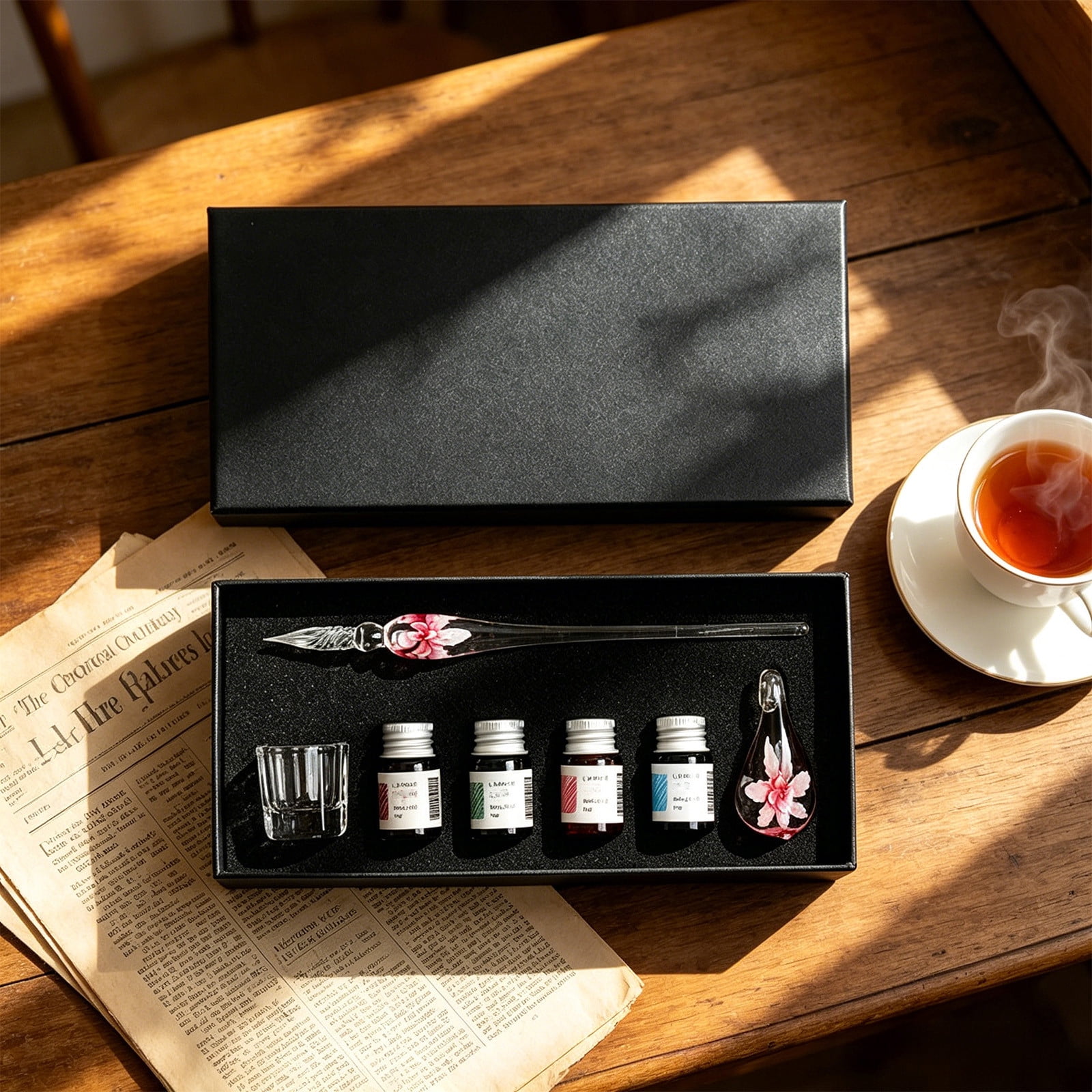 Xheghe Crystal Glass Pen Set with Ink Bottles, Brush Washing Cup & Pen Rack - Ideal Gift for Writers and Professionals