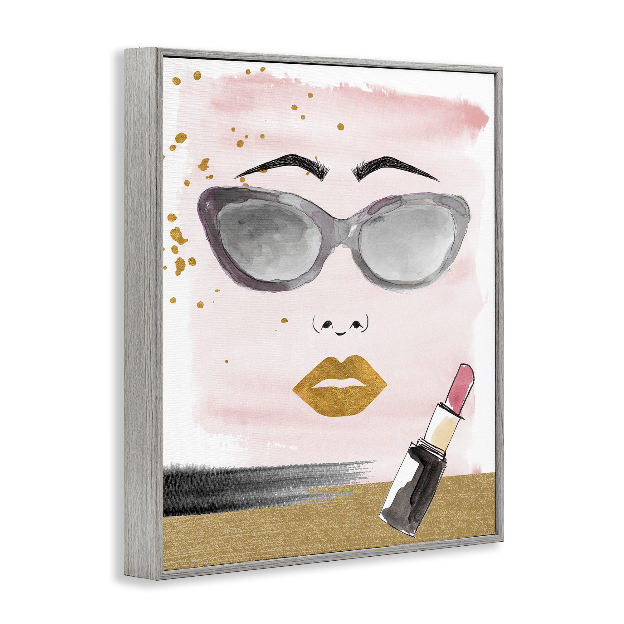 Stupell Industries Lipstick & Glam Face Novelty Painting Gray Framed Art Print Wall Art, 11 x 14
