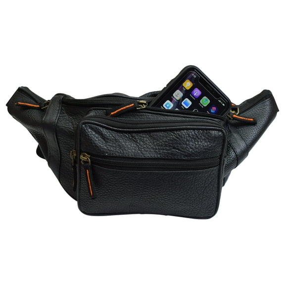 Genuine Pebbled Leather Fanny Pack Black Multiple Pockets Waist Bag Travel Hiking Sports
