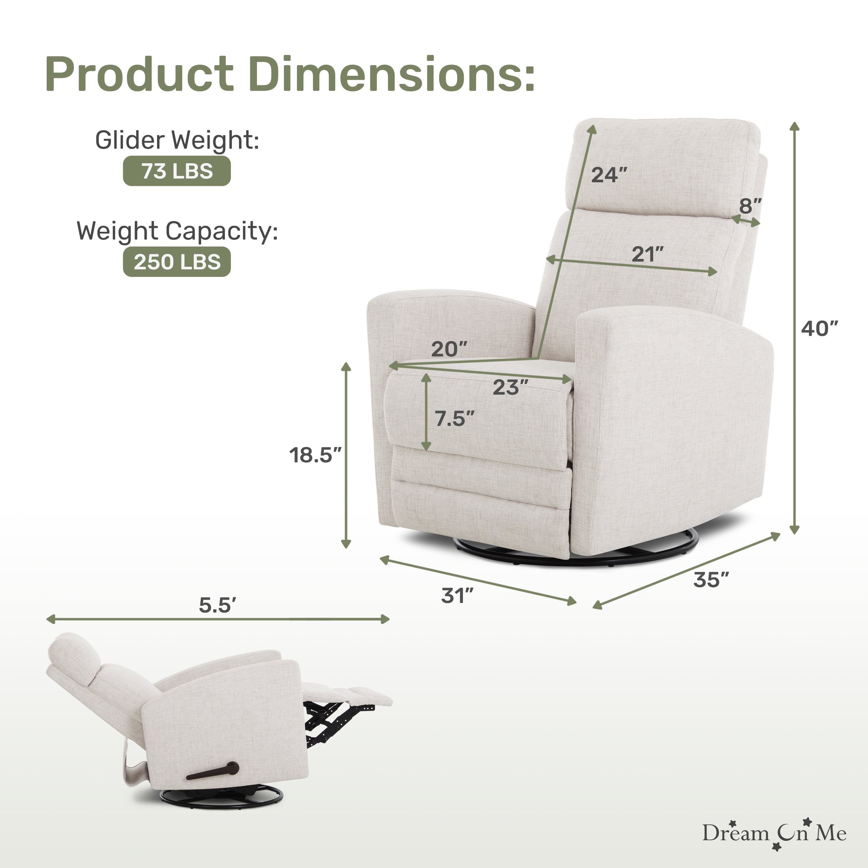 Dream On Me Chatham Nursery Glider Recliner and Rocking Chair in Ecru, 360° Swivel Motion, Smooth Rocking Motions, FSC and Greenguard Gold Certified