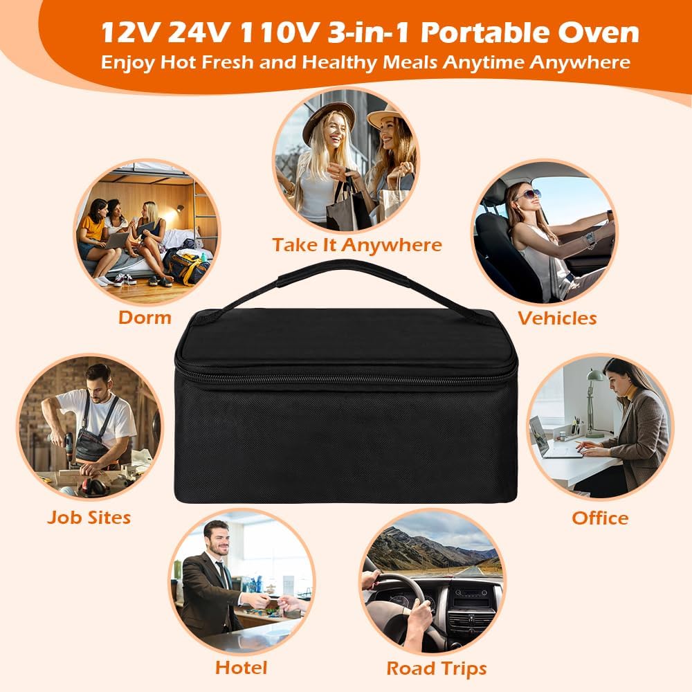 80W Portable Oven Food Warmer, 12V/24V/110V/220V Electric Heated Lunch Box for Car, Office, Camping