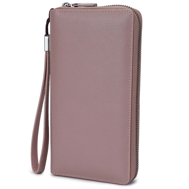 Cartera Bveyzi de piel con bloqueo RFID para mujer, color rosa oscuro