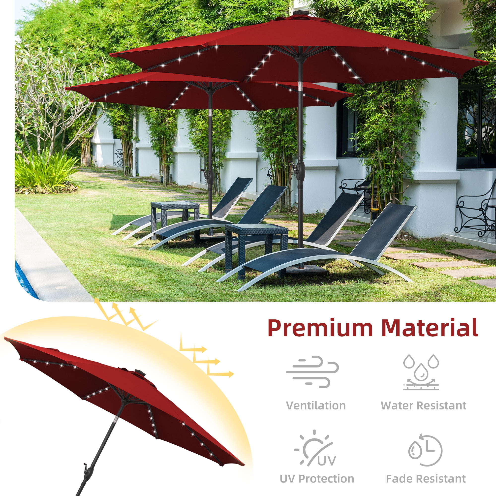 Autlaycil 10ft Patio Umbrellas 32 Solar LED Lights Outdoor Market Umbrella with Tilt Crank, Solar Umnrella - Red