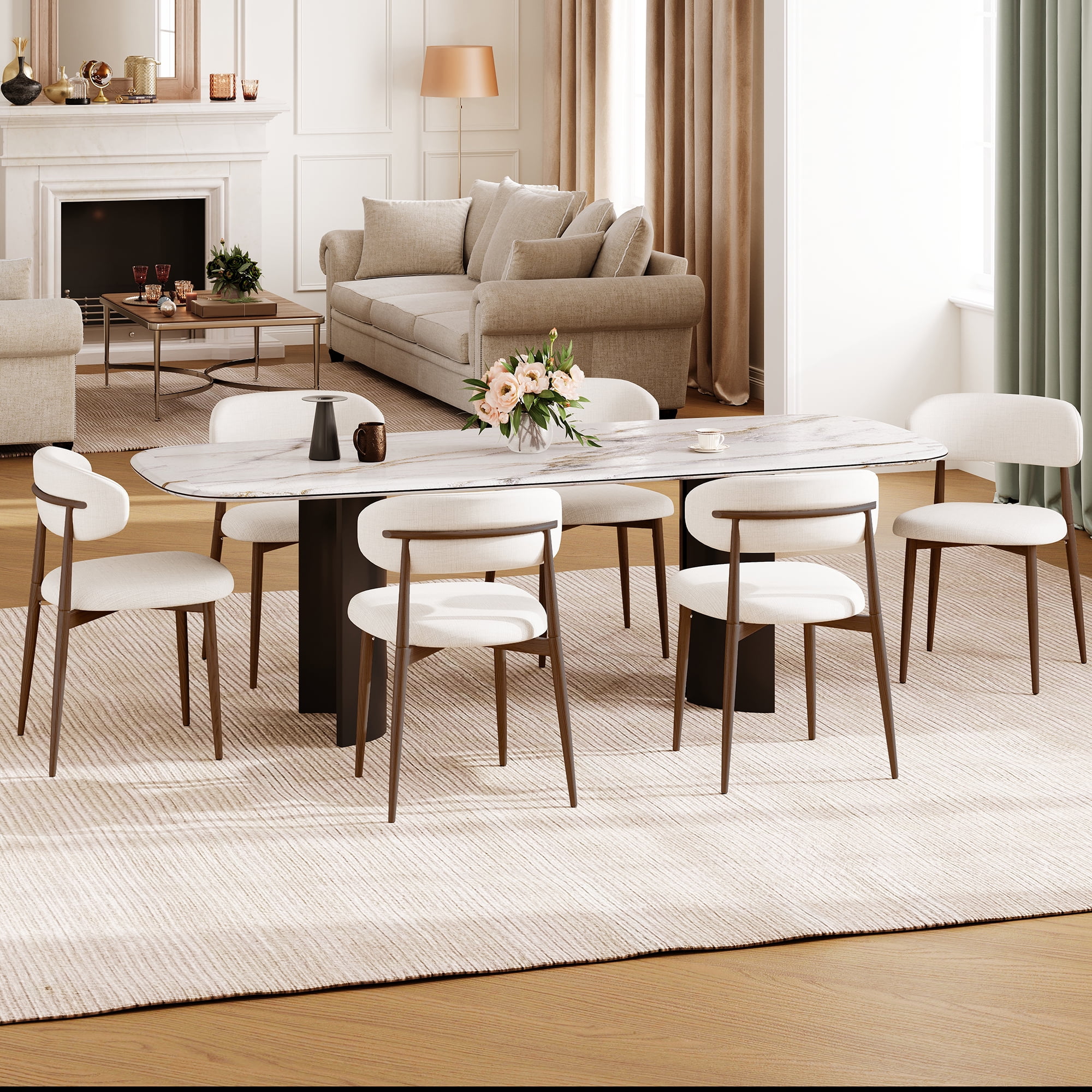 Leumius Dining Chairs Set of 2,Upholstered Dining Chairs with Curved Backrest, Modern Kitchen & Dining Room Chairs with Metal Leg for Dining Room, Restaurant,Walnut+Beige