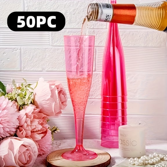 50/100pcs Reusable Durable 6oz Glitter Plastic Cups with Tapered Design, Pink Wine Glasses, Plastic Pink Champagne Flutes for Weddings, Birthdays, Bachelorette Parties, Wine (Pink Rim, Base)