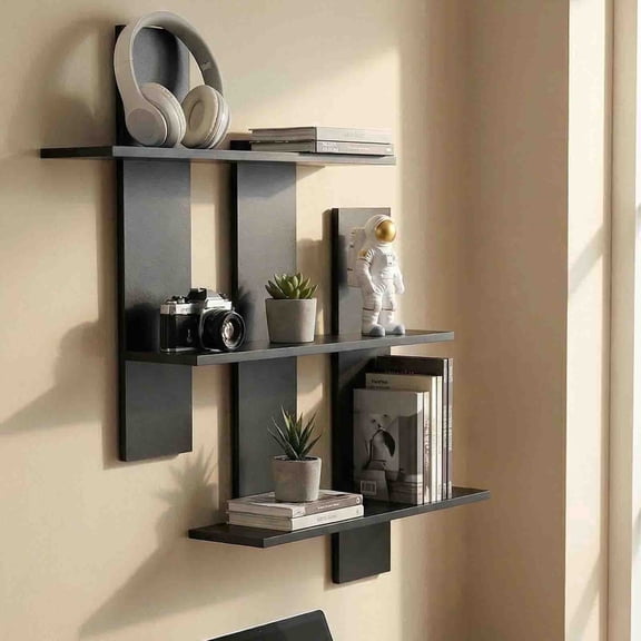Black Floating Shelves for Wall Mounted Shelving Unit All Pine Wood 3 Tier Large Shelf for Bedroom Living Room Office Bathroom Home Decoration Storage Plant Photo Display Modern