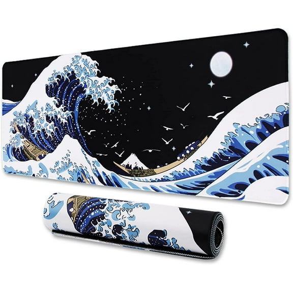 Gaming Laptop Mouse Pad, Sea Wave Big Desk Pads PC Keyboard Waterproof and Non-Slip 31.02 x 11.8inches 3mm Thick XL,XXL Rubber Table Mat, Kanagawa Surfing and Black