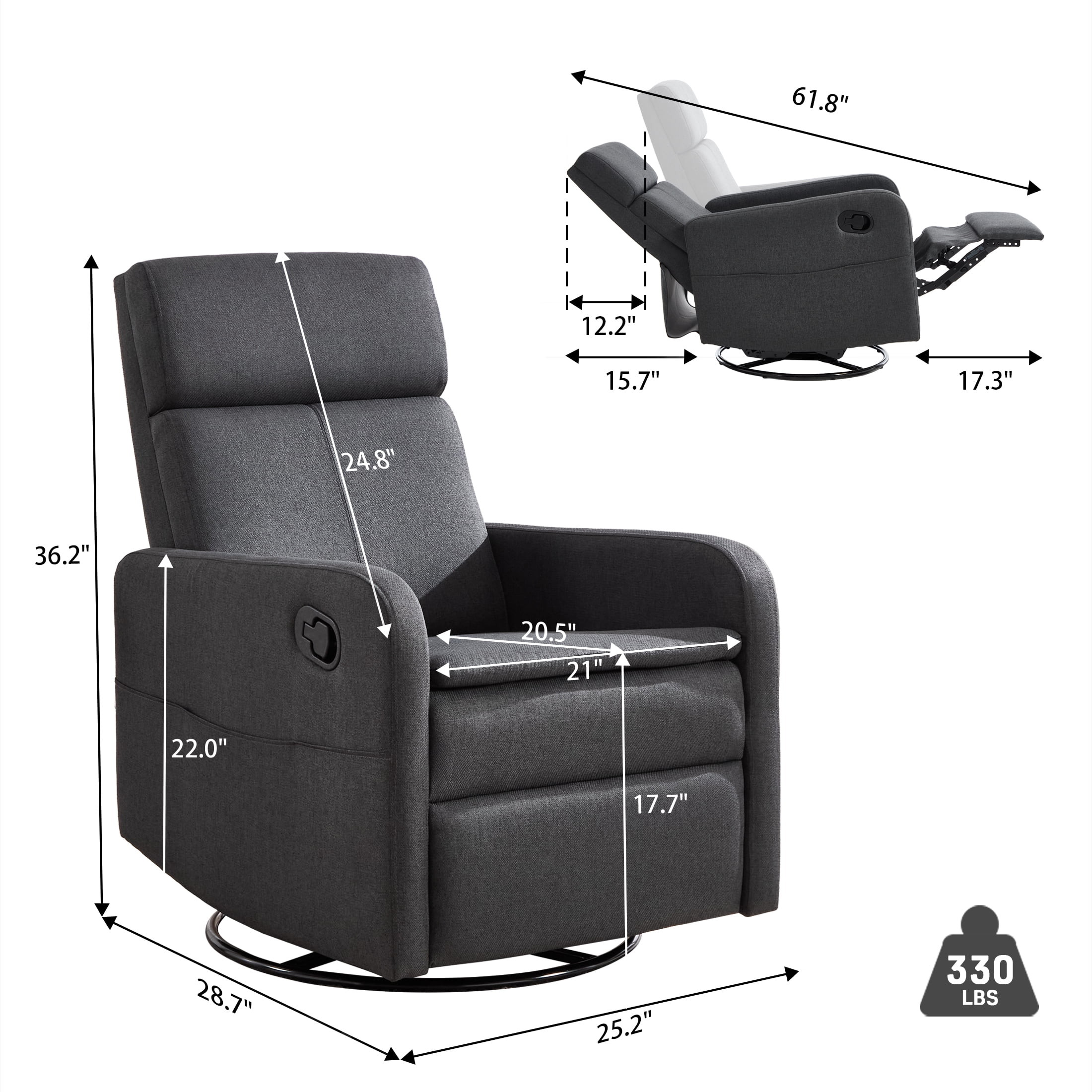Sfxingyou Swivel Rocking Recliner Chair for Adults, Home Nursery Glider for Living Room,Fabric (Grey)