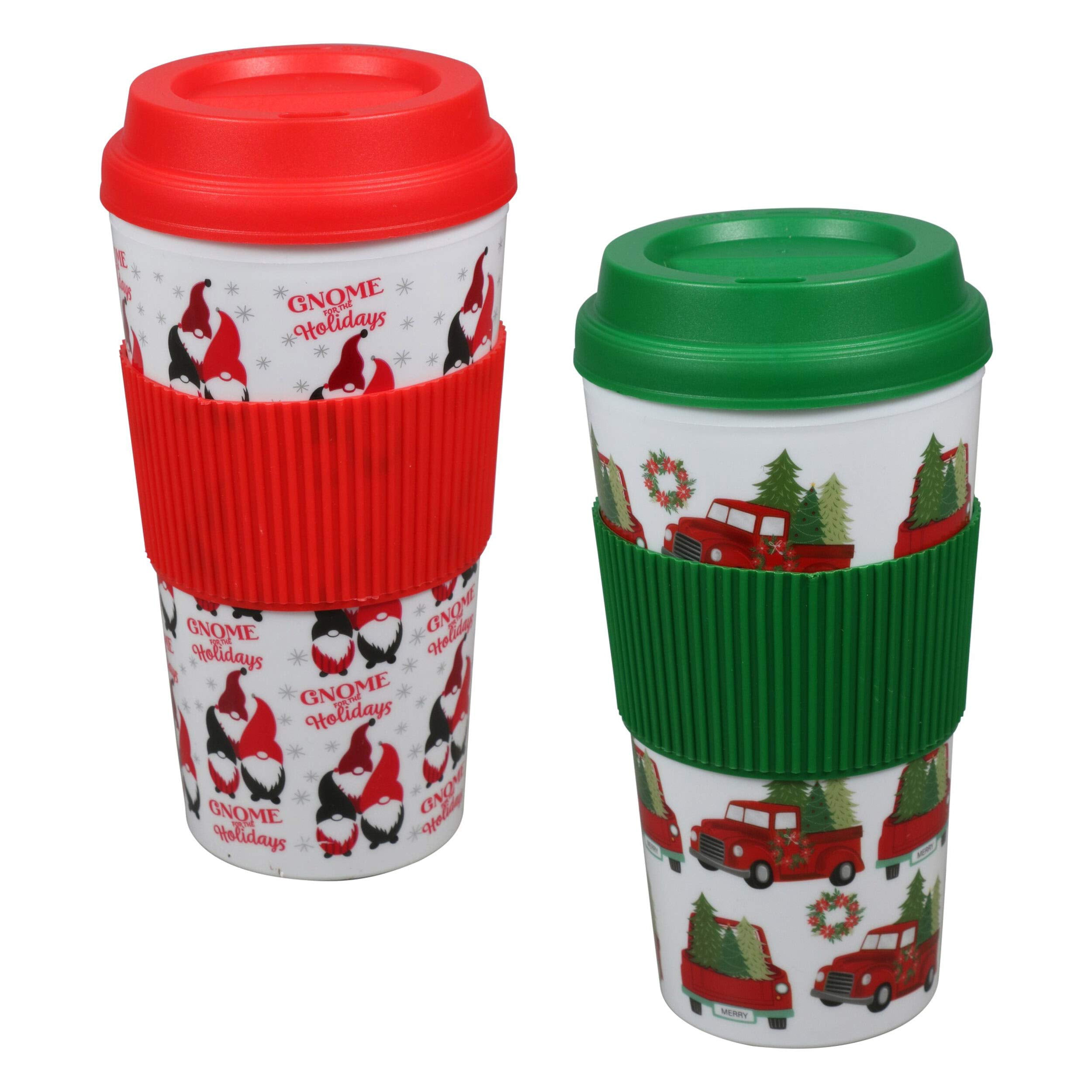 Christmas Holiday Printed Travel Mugs 16 oz Double Wall Set of 3 Tumblers 