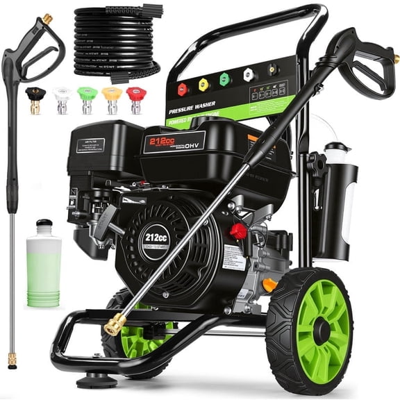 MAX 4200PSI 4GPM 212CC Professional Gas Pressure Washer, 8" Wheels 25FT Hose 7.0 HP Commercial Gas Power Washer with 5 Nozzles 1L Foam Bottle for Car Fence Driveway Yard (EPA/CARB/ETL Compliant)