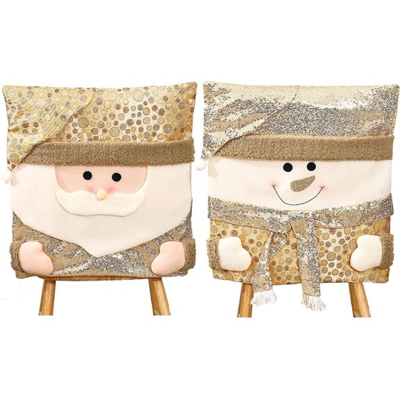 Christmas Chair Covers, Set of 2 Cartoon Christmas Dining Chair Slipcover, Cute Santa Claus Snowman Reindeer Xmas Chair Back Covers, Gold Glitter Seat Cover for Home & Kitchen Decor