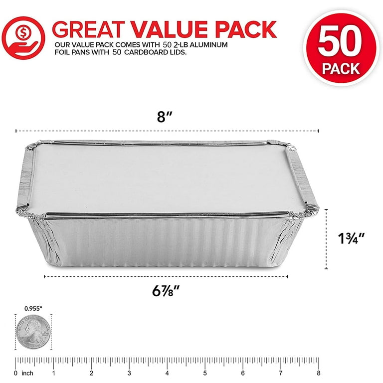  DCS Deals 50-Pack Heavy Duty Disposable Aluminum Oblong Foil  Pans with Lid Covers, 100% Recyclable Tin Food Storage Tray