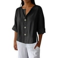 thumbnail image 3 of Women's Solid Color V Neck Three Quarter Sleeve Loose Fit Top Shirt Blouse with Decorative Buttons for Casual Business Work Office Vacation Outfits Fashion Essential Gift for Women, 3 of 9