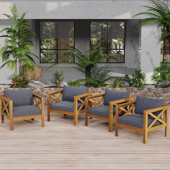 Christopher Knight Home Wood Outdoor Lounge Chair with Dark Grey Cushion, Cross-Back Design, Teak Finish, Set of 4