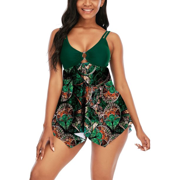 Gibobby Traje de Baño Sexy Bikini Traje de baño acolchado Ropa de playa Bikini Moda Traje de baño Conjunto Push Up Impreso Mujeres Trajes de baño Tankini(Verde,XL)