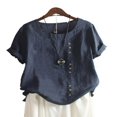 thumbnail image 1 of CHOK Blouse en Lin à Manches Courtes Col Rond Boutons pour Femmes Grande Taille, 1 of 2