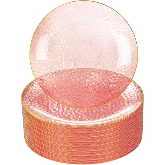 60 Pieces Pink Gold Plastic Plates - 10 inch Pink Plastic Dinner Plates - Hammer Pattern Design - Fancy Clear and Gold Disposable Plates Ideal for Mother's Day