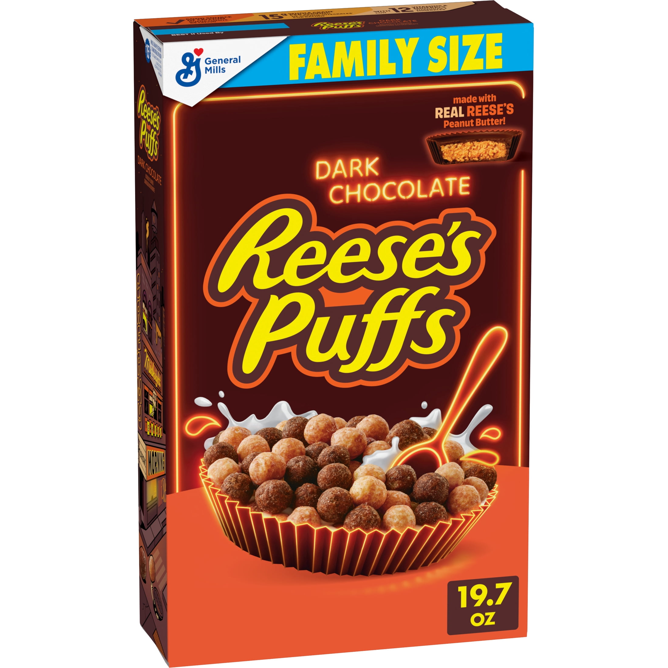 (7 pack) REESE'S PUFFS Dark Chocolate Cereal, with Real REESE'S Peanut Butter, Family Size, 19.7 oz