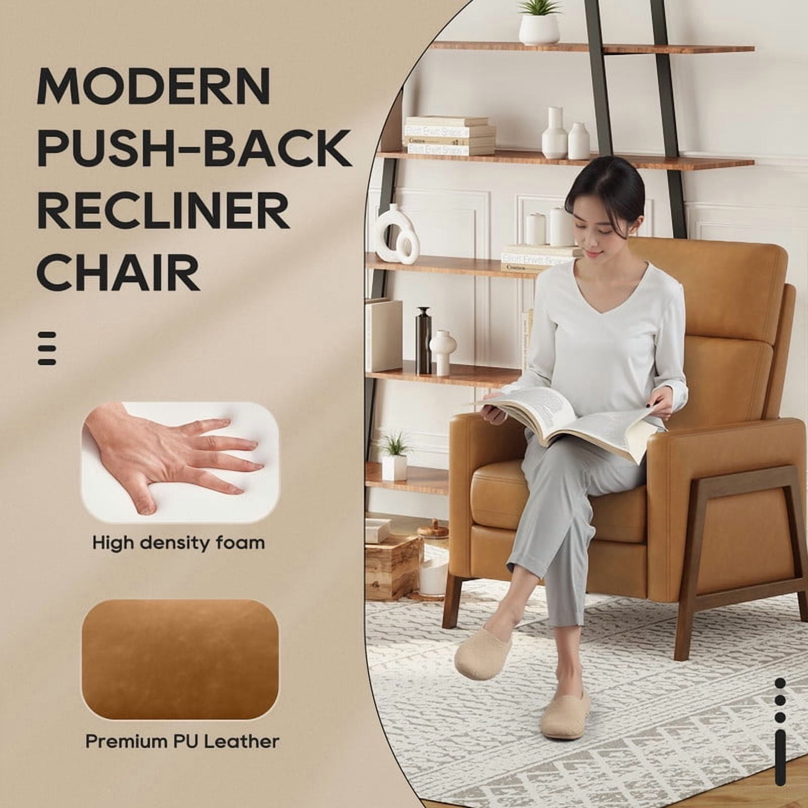 COLAMY Recliner Chair for Living Room, Brown Mid-Century Modern Push Back Recliner, Faux Leather Accent Armchair with Solid Wood Legs and Padded Seat for Small Spaces, Reading Chair
