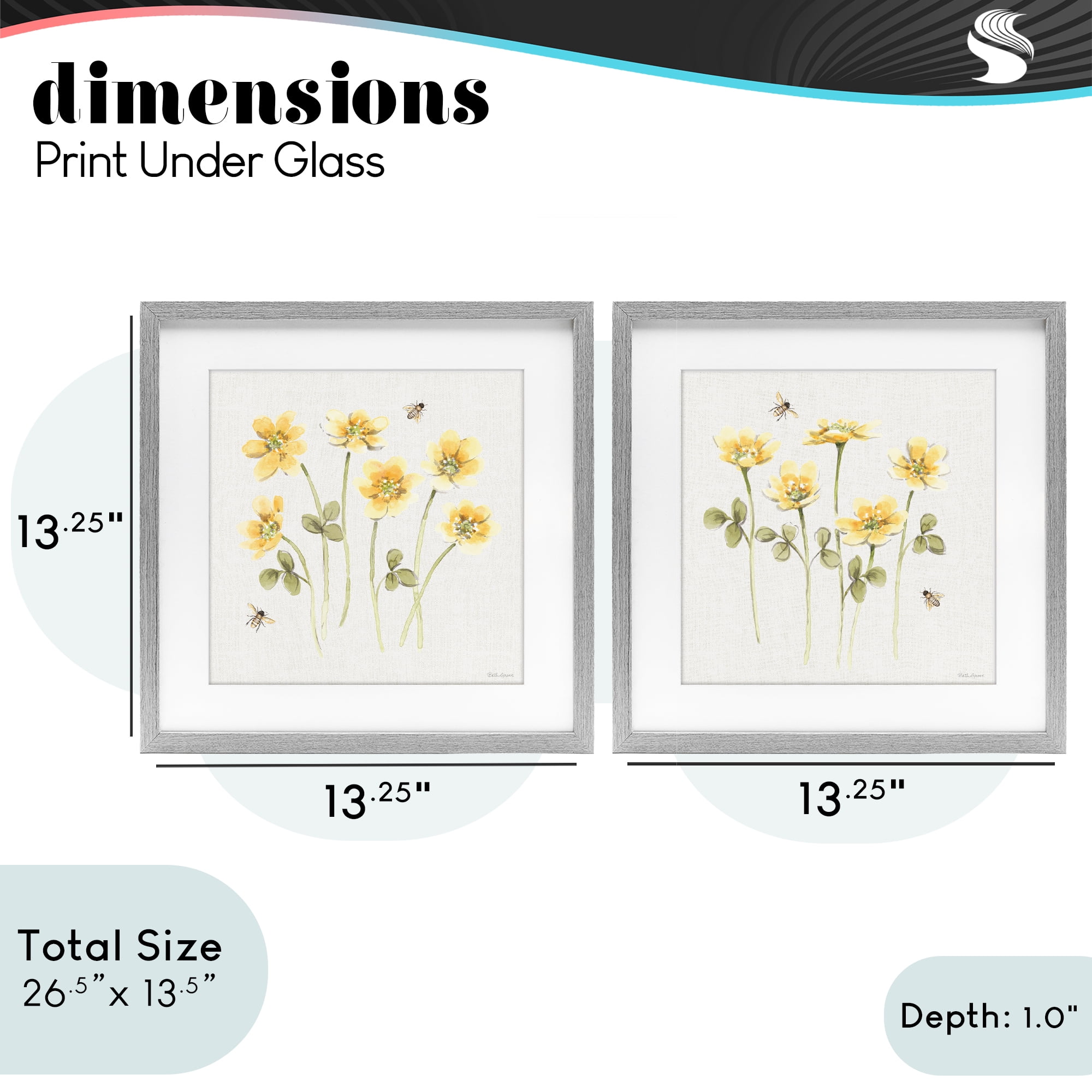 Stupell Industries Sweet Honey Flowers & Bees 2 Piece Gray Framed Print Under Glass Set, design by Beth Grove