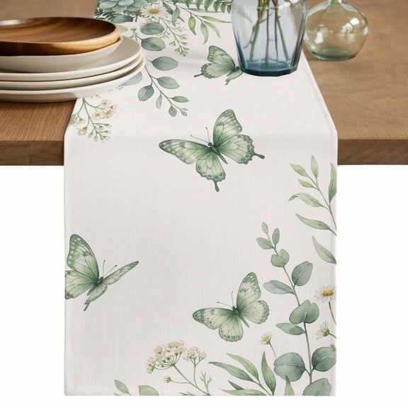 Spring Eucalyptus Table Runner 48 Inches, Garden Botanical Leaves Butterflies Bed Runner Dresser Scarves Tabletop for Indoor Outdoor Parties/Ceremony/Banquet, 13" x 48"