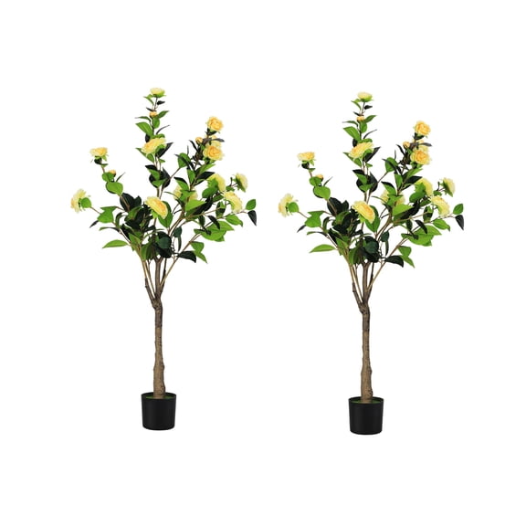 2-Pack 47 Inch Artificial Camellia Tree with Yellow  Flowers - 4 FT Faux Blooming Plant for Indoor Outdoor Home, Office & Front Door