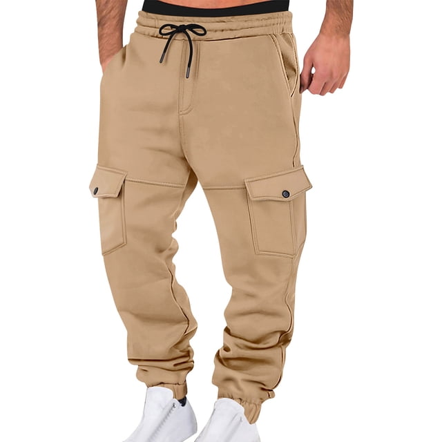 Mens Work Pants Men's Casual Fashion Solid Color Drawstring Elastic Waist Pocket Drawstring Pants Khaki M