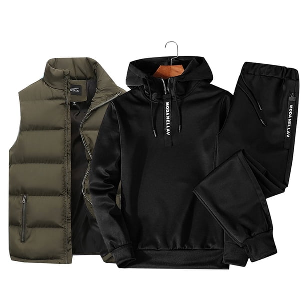 Conjunto de chándal para hombre, sudadera con capucha y media cremallera, chaleco impermeable de plumas y pantalones de chándal, conjunto de 3 piezas, ropa informal cálida de invierno 2023